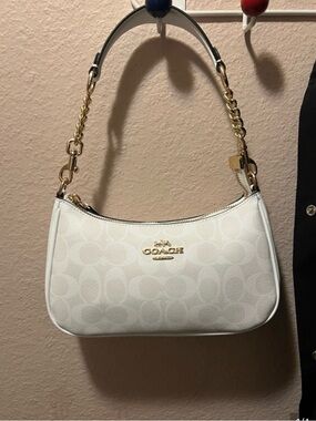 Coach White Signature Canvas Shoulder Bag with Gold Chain Strap
